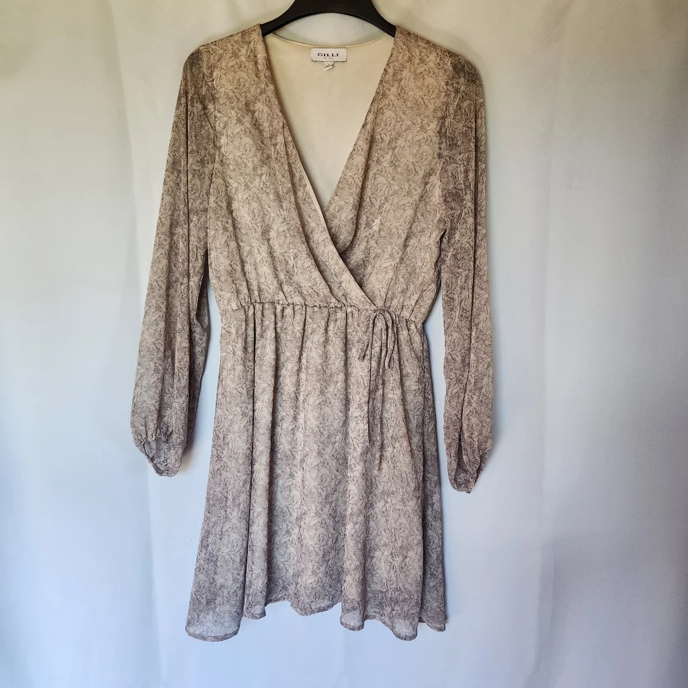 GILLI Long Sleeve Patterned Faux Tie Waist Dress V-Neck Lightweight Size L - Picture 2 of 12